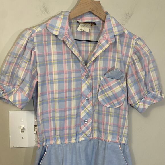 EJM Vintage Pastel Blue Checkered Short Sleeve Shirt Dress Collared Sz 5-6 VTG - Picture 2 of 11